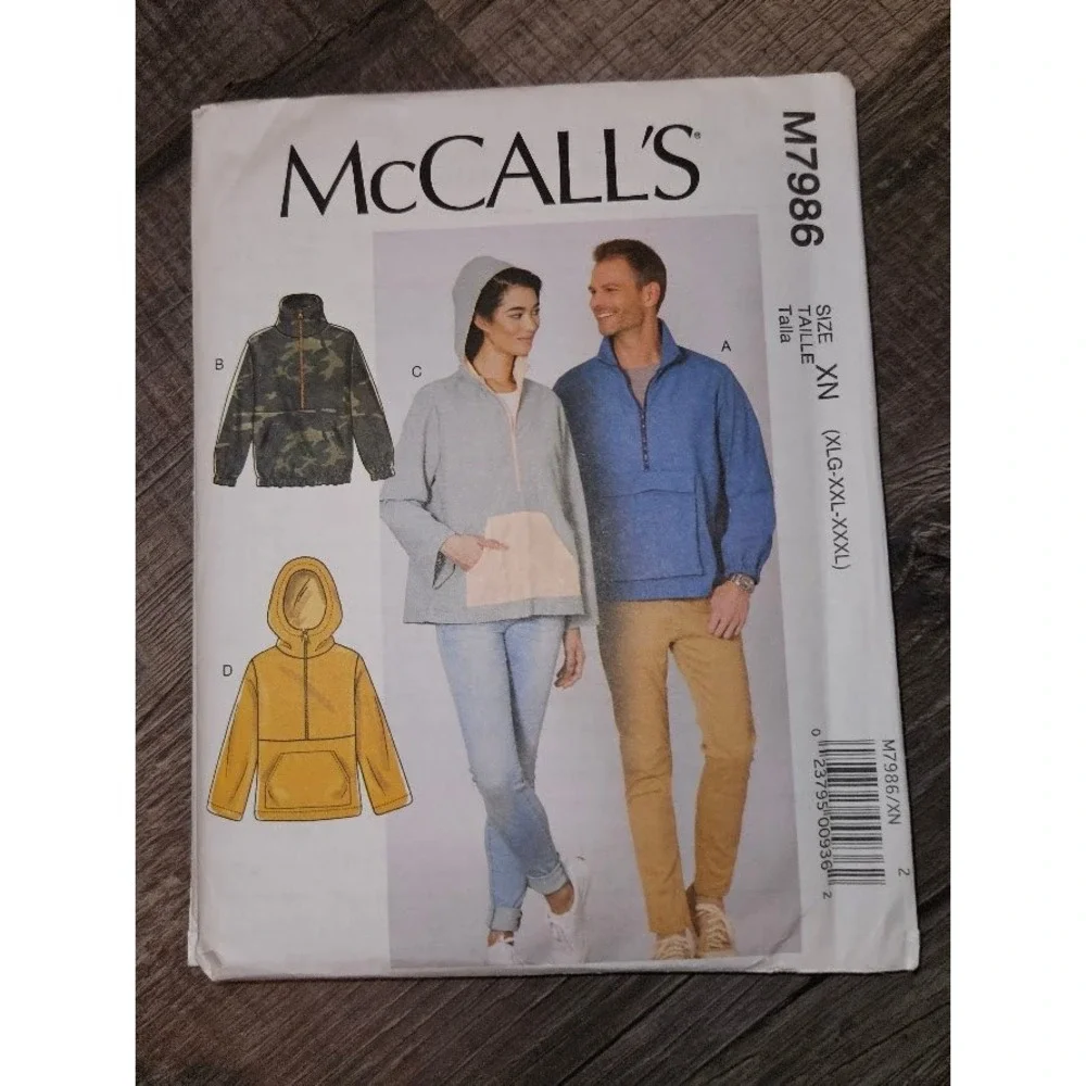 McCalls M7986 Sewing Pattern Unisex Loose Fitting Jacket Hooded Uncut XL-XXXL